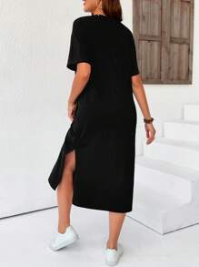 SHEIN Maternity Letter & Lip Print Round Neck Short Sleeve Casual T-Shirt Dress - Black - View 2