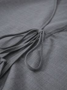 EMERY ROSE 2pcs Plus Size Women's Solid Color Long Sleeve Front Tie Blouse And Pants Two Pieces Casual Set Fall Cloth For Women - Grey - View 5