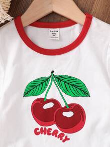 SHEIN Young Girl Cherry Pattern Fitted T-Shirt - White - View 6