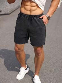 Manfinity Homme Quần short thường ngày rộng rãi có dây rút màu trơn cho nam cỡ lớn - màu đen - Xem 6
