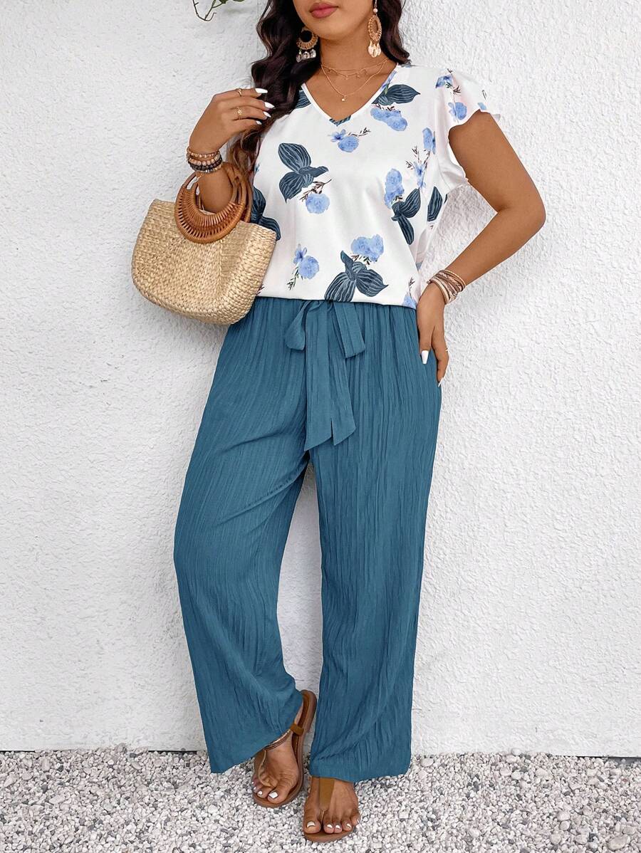SHEIN Frenchy 2pcs/Set Women Plus Size Print Top And Green Pants Set, Fashion New Style For Spring And Summer Going Out Sets - Navy Blue - View 1