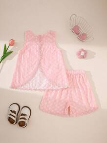 SHEIN French Sweet Style Girls Set, Pink Embroidered Blouse With Asymmetric Back And Ruffled Shorts, Cute & Fashionable For Spring/Summer - Pink - View 2