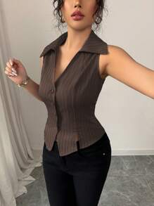 Elenzga 女士优雅精致法式领口 V 领纽扣装饰 V 形下摆无袖条纹衬衫，适合通勤、休闲、旅行春夏 - 摩卡棕 - 查看 5