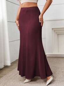 Vionelle 大码优雅休闲不对称开叉下摆 A 字长裙，适合工作和度假，春夏季 - 酒紅色 - 查看 3