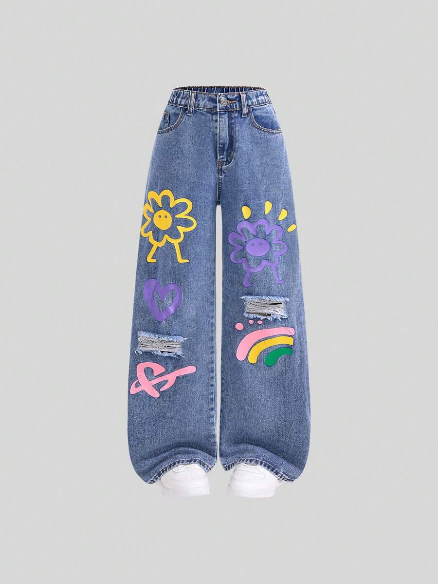 Teen Girls Rainbow Print Ripped Straight Leg Jeans - Blue - View 1