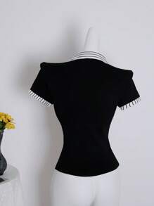 SHEIN Unity Women's Spring And Summer 2 In 1 Short Sleeve Spliced Shirt Design Black Top - Black - View 2