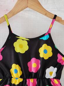 Vestido casual de tirantes finos con estampado floral para niña en vacaciones - Negro - Ver 3
