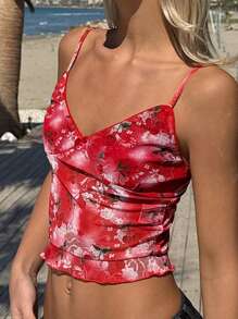 SHEIN EZwear Women's Summer Clothing Romantic Vintage Floral Print Vacation Short Red Western Camisole - Red - View 12