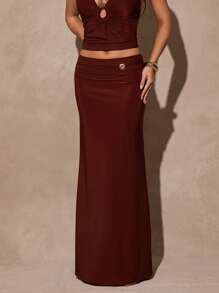 Silquee Women's Elegant Solid Color Low Waist Ultra Long Skirt, Summer - Brown - View 3