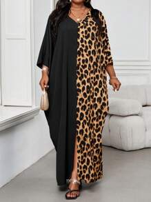 SHEIN Lady 大码 V 领长袖纯色拼接宽松休闲连衣裙长袍万圣节服装 万圣节服装 大码 V 领长袖纯色拼接宽松休闲连衣裙长袍万圣节服装 万圣节服装 - 棕色 - 查看 1