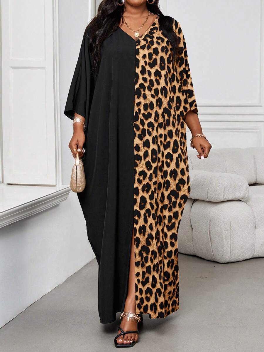 SHEIN Lady 大码 V 领长袖纯色拼接宽松休闲连衣裙长袍万圣节服装 万圣节服装 大码 V 领长袖纯色拼接宽松休闲连衣裙长袍万圣节服装 万圣节服装 - 棕色 - 查看 1