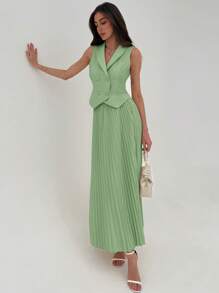 Aloruh Elegante conjunto de 2 piezas de top de apertura delantera con botones y falda plisada, estilo universitario de uso múltiple para oficina/viajes - Verde - Ver 6