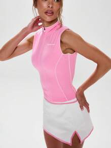 Musera Sport High Neck Contrast Piping Zip Through Sleeveless Vest Active Workout Gym ,Padel Tennis Racquetball Pickleball Gym Fitness - Multicolor - View 4