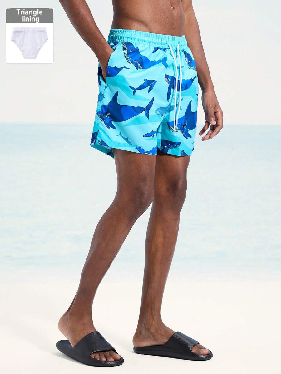 Surfspeed Men's Shark Print Drawstring Waist Beach Shorts - Baby Blue - View 1