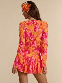 SHEIN BAE 2pcs Women Vacation Set: Solid Color/Tie-Dye Print Sheer Mesh Ruffle Crop Top & Low Waist Ruffle Hem Super Short Skirt, Resort Beach Outfit, Summer