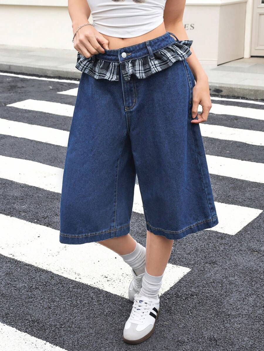 SHEIN EZwear Women Waist Splicing Plaid Ruffle Hem Wide Leg 3/4 Length Cropped Jeans - Dark Wash - View 1