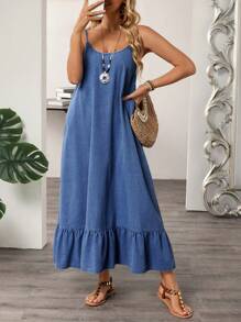 Breezaya Váy denim hở lưng đơn giản cho nữ đi nghỉ - Rửa trung bình - Xem 1