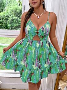 SHEIN Clasi 大码女式全身印花镂空腰部性感吊带连衣裙 - 彩色 - 查看 3