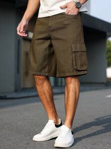 Manfinity Homme 男士纯色牛仔短裤，夏季时尚 - 橄欖綠 - 查看 5
