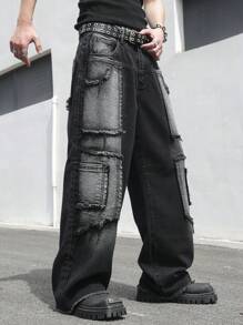 Manfinity EMRG Men's Fashion Denim Black Jeans With Pockets, Suitable For Summer - Black - View 8