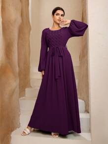 Graceveil Women's Elegant Solid Color Lantern Sleeve Dress - Red Violet - View 3