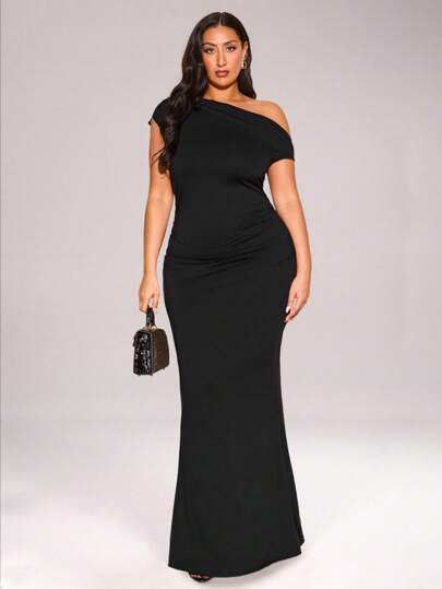 SHEIN BAE Plus Size Women's Spring/Summer Clothing, Elegant Asymmetric Asymmetrical Neck Maxi Fish Tail Dress For Casual Dates, Gatherings, Parties, Club OutfitsValentine's Day, Wedding Guest, Prom,Birthday Dresses For Women