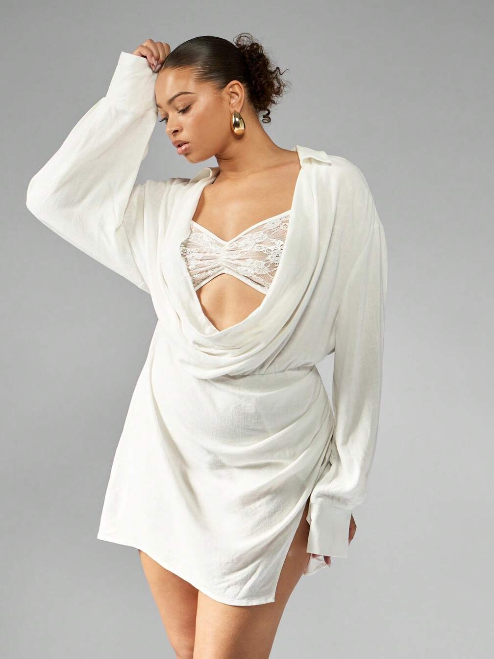 missguided long sleeve dresses MISSGUIDED PLUS Elegant Plus Size Linen Cowl Long Sleeve Mini Dresses｜ MISSGUIDED