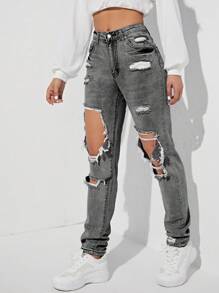 SHEIN EZwear Women's Light Grey Ripped Jeans: Casual Long Denim Pants With Zipper Detail And Distressed Design - Light Grey - View 4