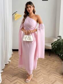Flirla Đầm Chiffon tay dài xẻ một bên vai cỡ lớn cho nữ, váy dạ hội - Màu Hồng baby - Xem 3