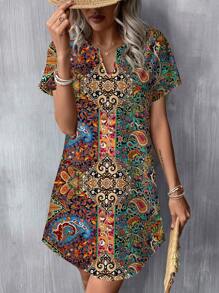 SHEIN LUNE Vestido corto tejido con cuello en V, estampado floral retro minimalista y casual, adecuado para primavera y verano para mujeres