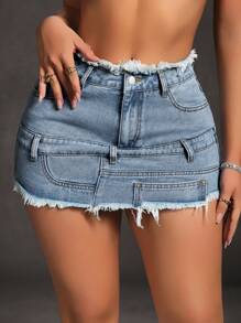 SHEIN SXY Women's Pocket Decorated Frayed Hem Short Casual Denim Mini Skirt