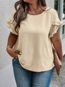 SHEIN Clasi Plus Size Women's Solid Color Ruffle Short Sleeve Casual Loose Blouse - Apricot - View 3