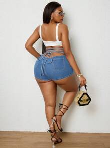 SHEIN SXY Plus Size Women Bohemian Vacation Style Elastic Sexy Lace-Up Denim Shorts  Summer Outfits For Women Festival Outfits - Light Wash - View 4