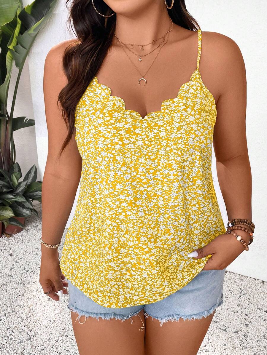 SHEIN Frenchy 大码绿色贝壳领吊带背心和背心，夏季 - 黃色 - 查看 1