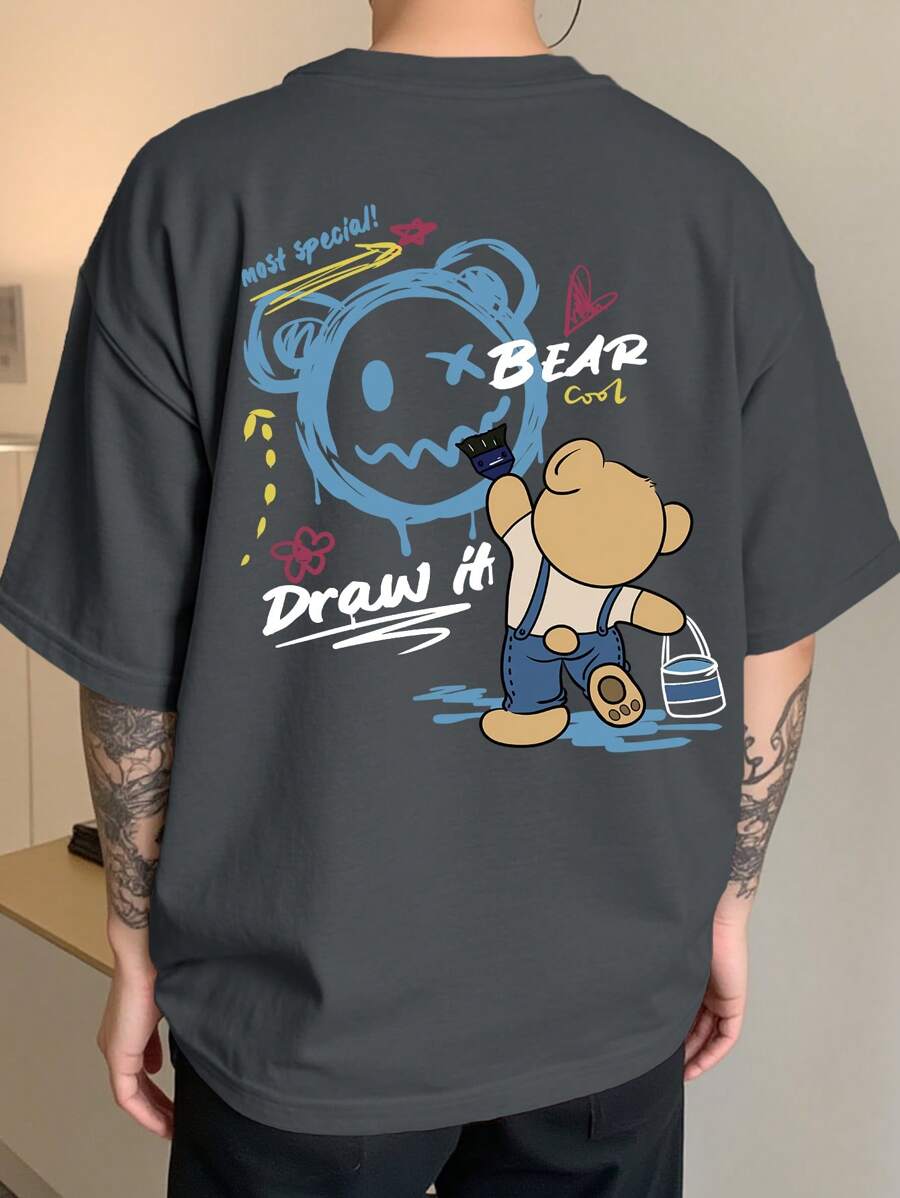 Manfinity Roghcode Men Cartoon & Letter Graphic Drop Shoulder Tee Rapper T Shirt Tshirts Graphic