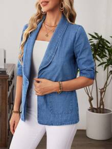EMERY ROSE Women's Casual Daily Washed Shawl Neck Dual Pocket Denim Jacket - Blue - View 4