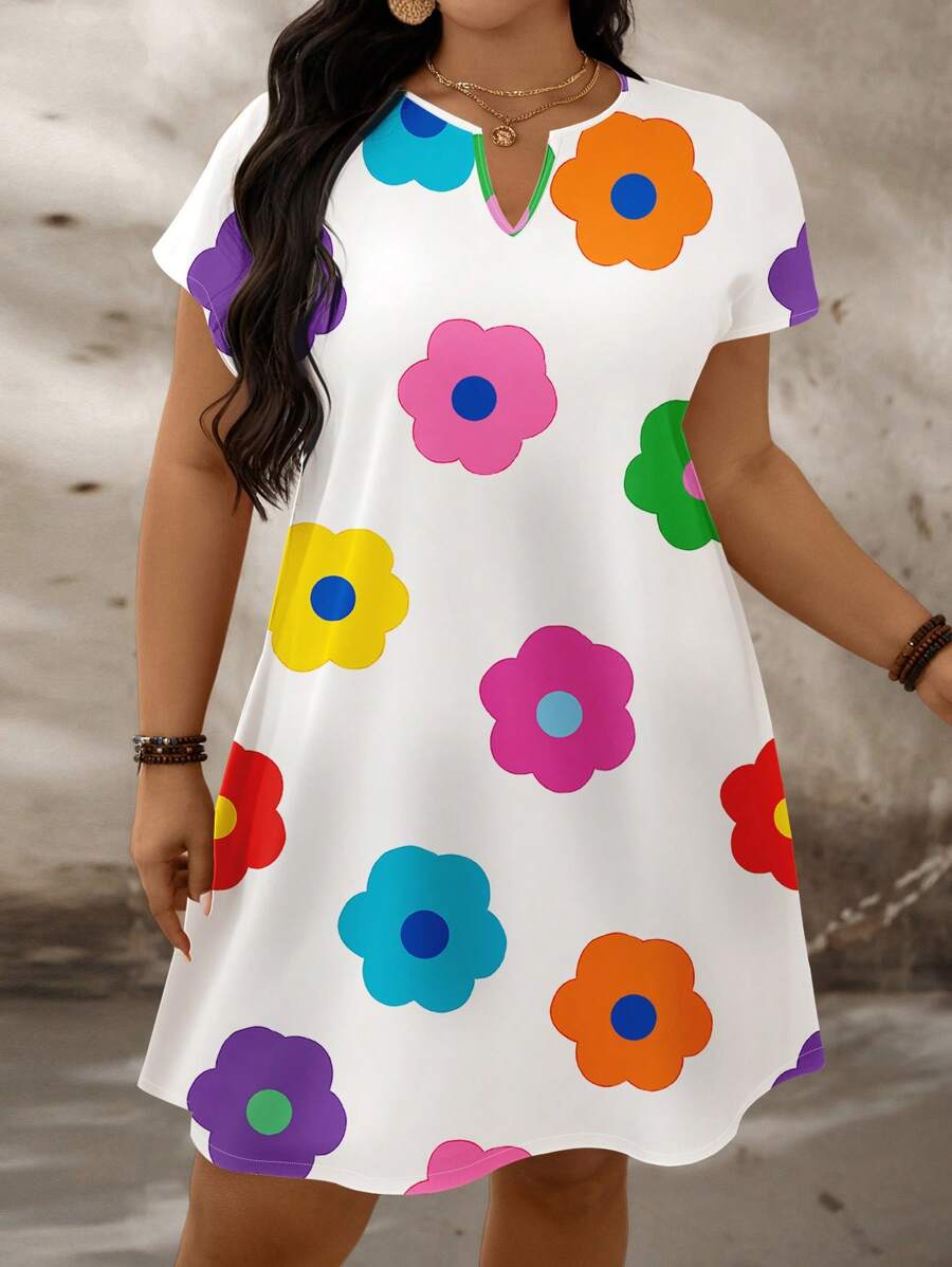 SHEIN LUNE 休闲简约多色花朵宽松短袖大码连衣裙，适合夏季