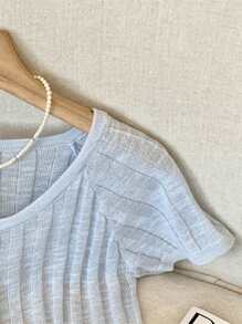 SHEIN 大码女式休闲罗纹前开短袖针织开衫 - 淺藍色 - 查看 4