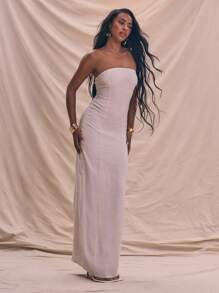 MUSERA Bandeau-Trägerlos Leinen Gerade geschnittenes Maxikleid Frühling Sommer Urlaub Feiertag Elegant Strandmode Boho Romantisch Ibiza Leinenoptik