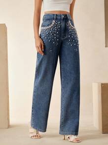 Anewsta 女士休闲节日假期优雅缀饰宽松阔腿牛仔裤