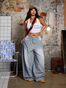 SHEIN ICON Plus Size Women Pockets Loose Fit Wide Leg Casual Versatile Jeans 2000s Style Baggy - Grey - View 3