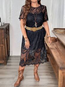 SHEIN LUNE Vestido casual de encaje con cuello redondo y manga corta recto para mujer de talla grande, conjuntos de ropa de verano para vacaciones