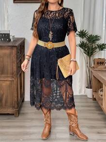 SHEIN LUNE Vestido casual de encaje con cuello redondo y manga corta recto para mujer de talla grande, conjuntos de ropa de verano para vacaciones