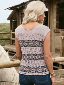 LanaWest Women's Bohemian Style Geometric Pattern Knit Sweater Vest, Casual Resort Wear Knit Pullover Fall Winter