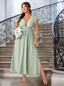 Allurite Plus Size V-Neck Ruffle Sleeve Open Slit Front Tie Solid Color Casual Dress Wedding Day Wedding Guest Wedding - Mint Green - View 3