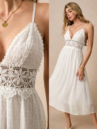 Poéselle 女式无袖纯色撞色蕾丝优雅长裙、毕业白裙、女士沙滩裙、波西米亚风白裙