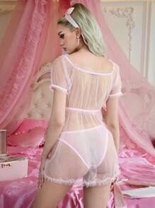 Charming Princess Off Shoulder Multi-Way Tulle Dress With Triangle Panty, Sexy Nightgown For Women - Pink - View 2