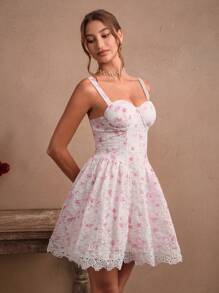 SHEIN Unity Robe de fête élégante, vacances, party, ajustée, avec garniture en dentelle rose, évidée et brodée pour les femmes - Rose bonbon - Voir 5