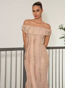 SHEIN Clasi Off Shoulder Frill Trim Lace Fishtail Elegant Dress Summer Outfits For Women - Khaki - View 3