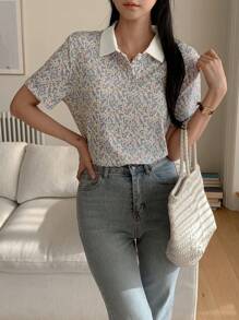 Kaos Wanita Kasual Longgar Motif Penuh untuk Musim Semi dan Musim Panas, Cocok untuk Guru dan Paskah. - Biru - View 3